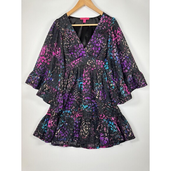 Betsey Johnson Dress Womens 4 Black Multicolor Animal Print Ruffle Bell Sleeve - Picture 1 of 16